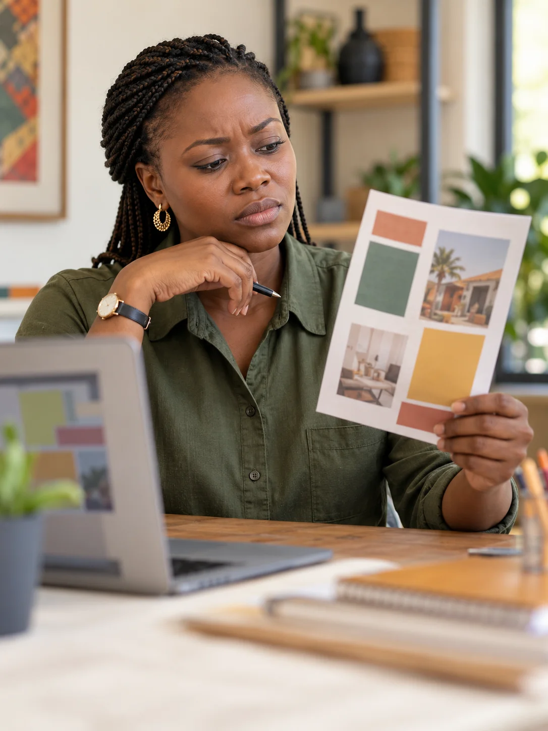 Entrepreneure en chemise verte examinant un document