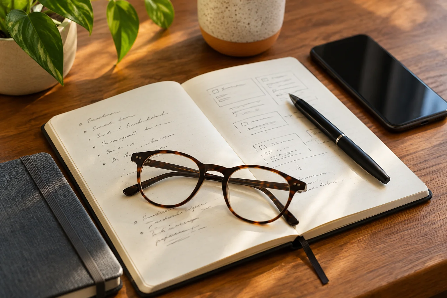 Carnet ouvert, lunettes et stylo sur un bureau de préparation
