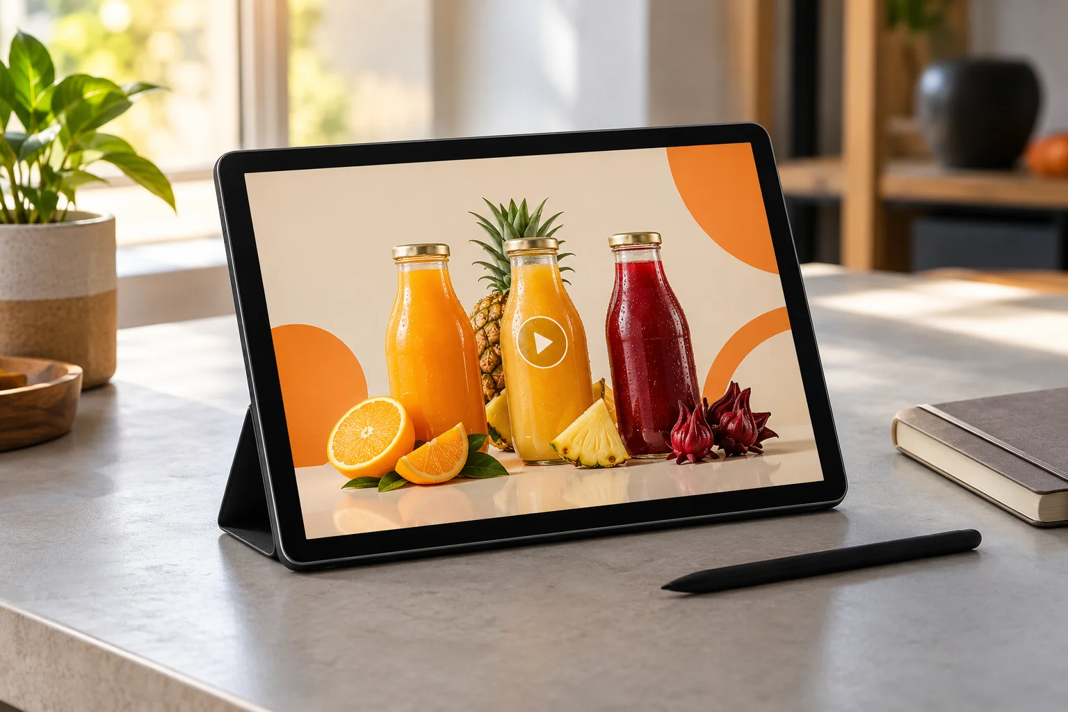 Présentation vidéo de bouteilles de jus visible sur une tablette